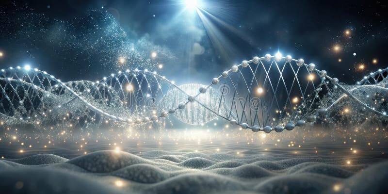 Illuminated double helix of life, a sparkling symphony of genetic code in a celestial landscape. Generative AI vector illustration