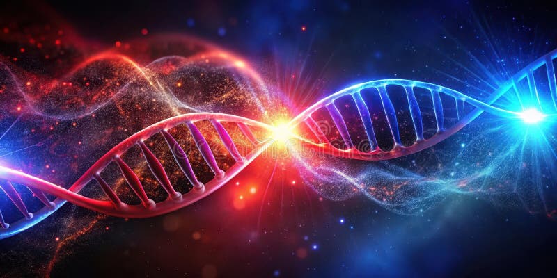 Illuminated double helix a vibrant cosmic depiction of genetic code fusion with glowing particles and energy bursts. Generative AI vector illustration