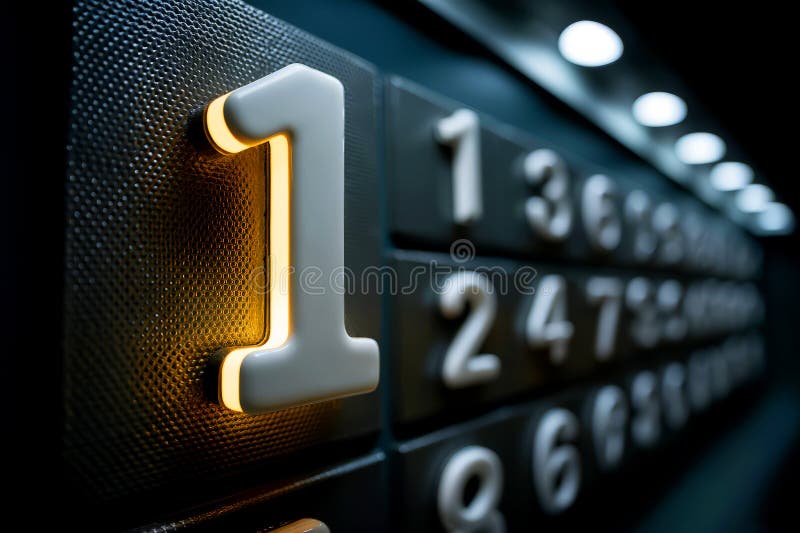 Illuminated Elevator Button with Number One Highlighted in Dark Environment. A close-up shot of an illuminated elevator button displaying the number one. The dark background emphasizes the modern aesthetic and sleek design