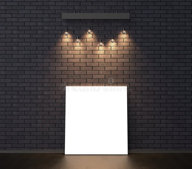 Illuminated empty frame mock up on dark brick wall. 3D illustrating. stock photo