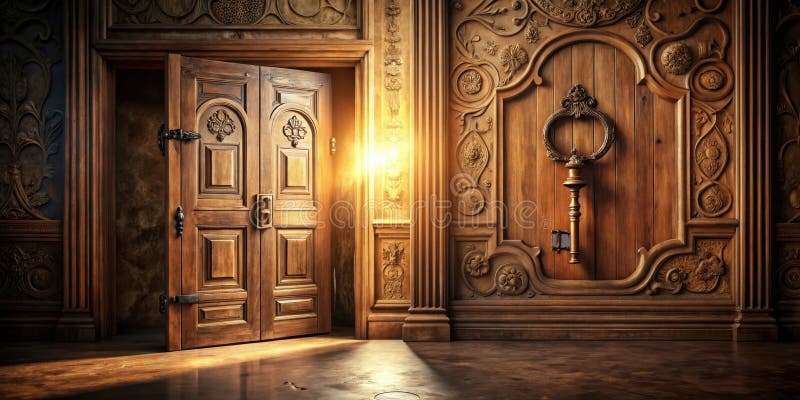 An artistic representation of illuminated entryway intricate carved wooden doorway with open double doors and ornate key. Generative AI. Key generative illustrations