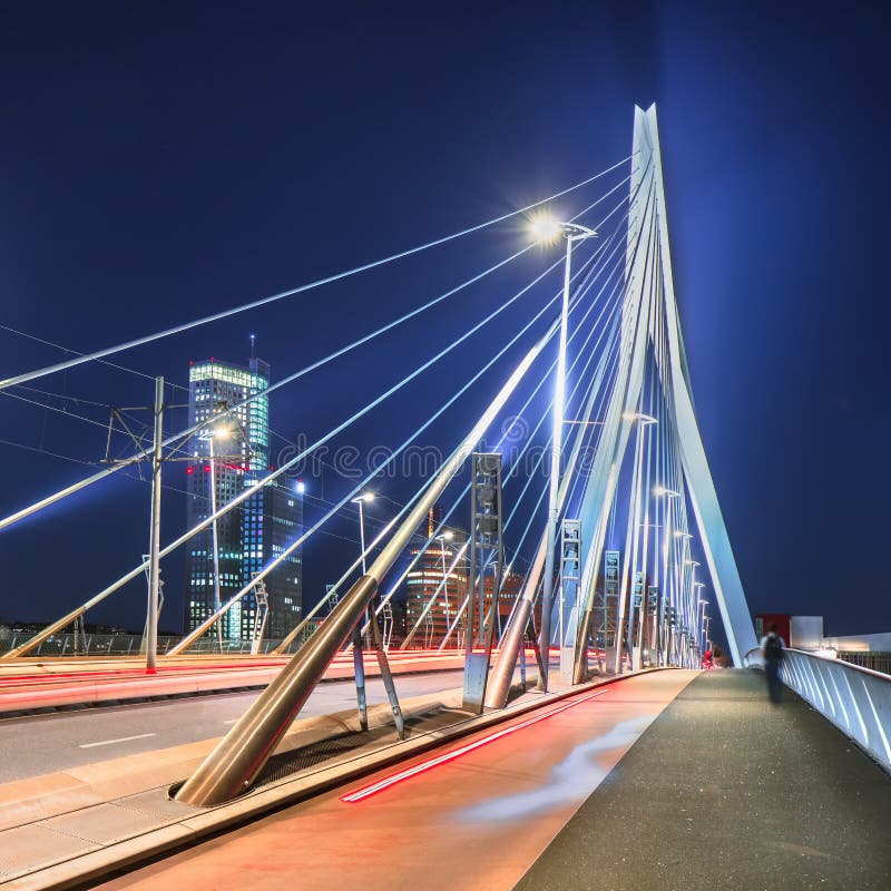 The illuminated Erasmus Rotterdam bridge at nighttime