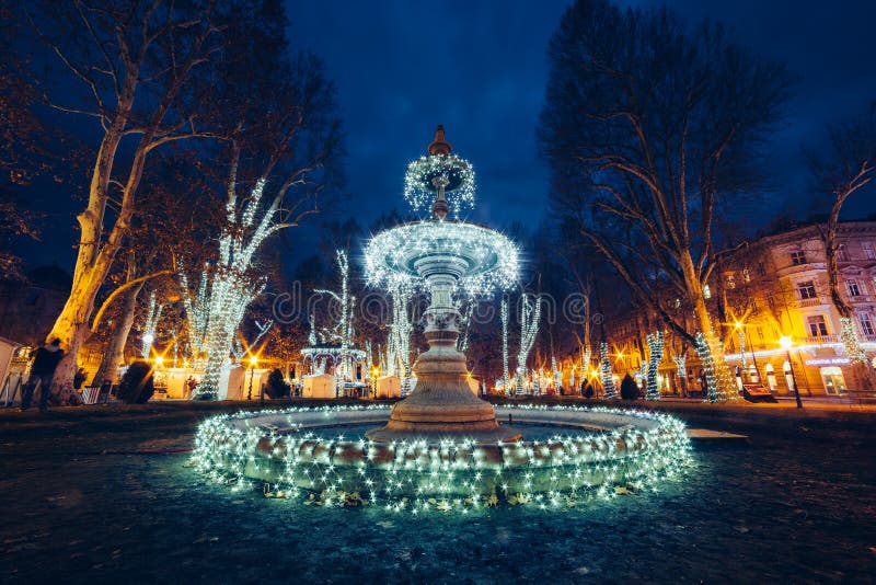 Illuminated fountain on Zrinjevac Zagreb, Croatia, Christmas m royalty free stock images Illuminated fountain on Zrinjevac Zagreb, Croatia, Christmas m royalty free stock images