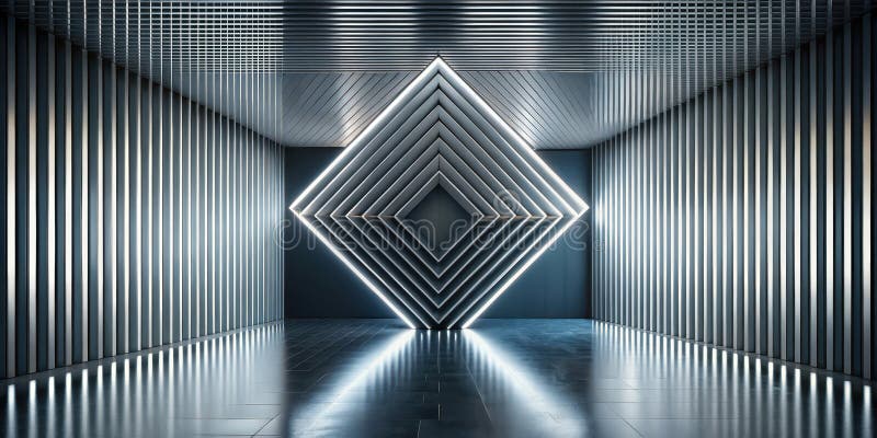 Illuminated geometric corridor with sleek metal walls and glowing diamond pattern. Generative AI stock illustration