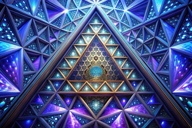 Illuminated geometric facet design featuring intricate triangular and honeycomb patterns with glowing embedded lights. Generative royalty free illustration