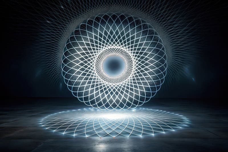 Illuminated geometric mandala on dark floor abstract design with intricate patterns and glowing lines. Generative AI stock illustration