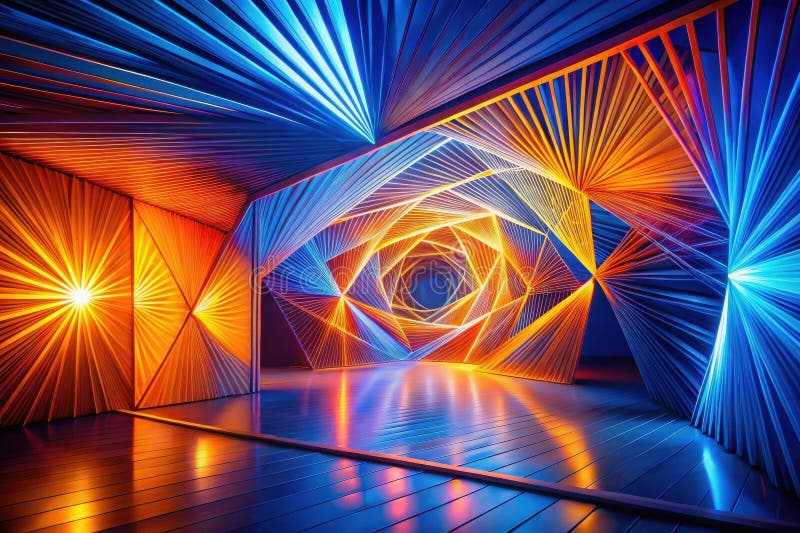 Illuminated geometric pathways an abstract architectural interior with vibrant hues and dynamic lines. Generative AI royalty free illustration