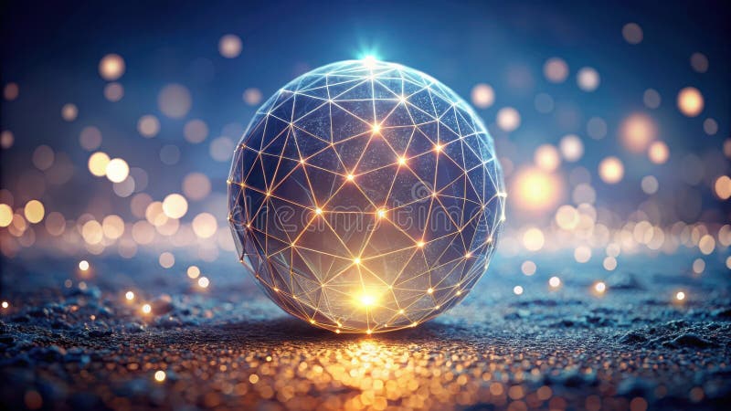 Illuminated geometric sphere on a glittering surface a symbol of interconnection and global network. Generative AI stock illustration