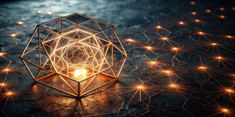 Illuminated geometric sphere within a wireframe cube on a network of lights. Generative AI stock illustration