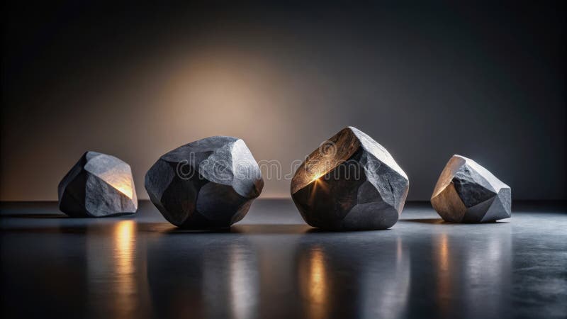 Illuminated geometric stones on reflective surface a study in light and form. Generative AI stock illustration