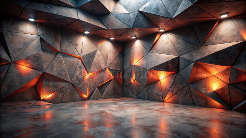 Illuminated geometric wall design a modern architectural interior space with warm lighting and a textured concrete floor. stock illustration