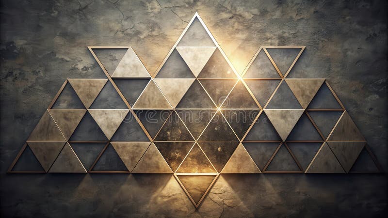 Illuminated geometric wall panel of interlocking triangles with bronze accents. Generative AI stock illustration