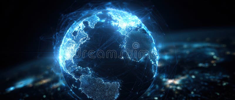 The illuminated globe showcasing digital connections and a global network. image stock images.
