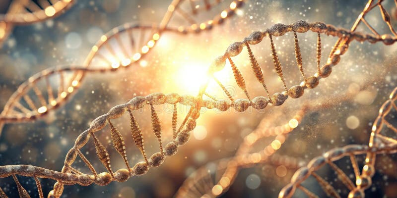 Illuminated golden spiral of life a close-up view of intricate genetic structures shimmering with light. Generative AI stock illustration