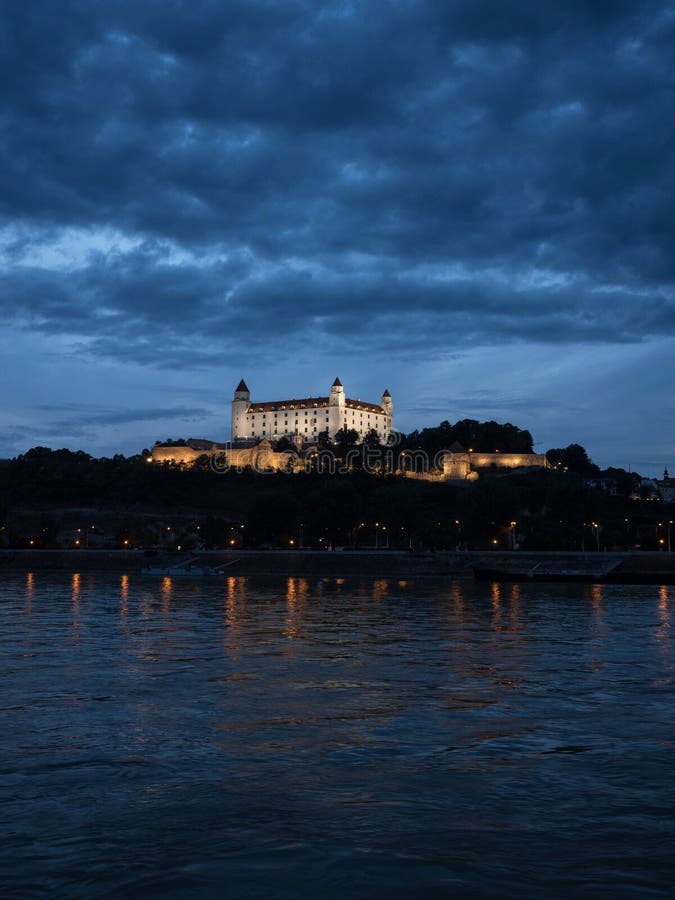 Illuminated gothic renaissance baroque medieval Bratislava castle Bratislavsky hrad fortress during blue hour