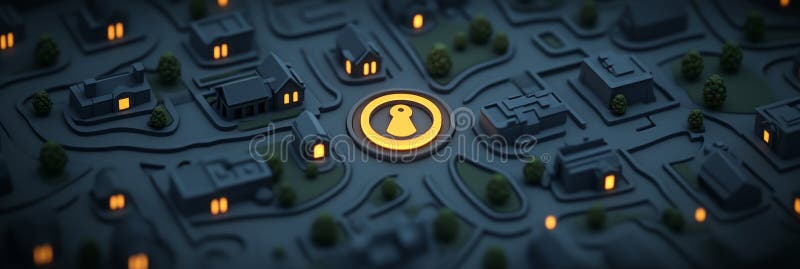 Illuminated GPS Location On an Abstract City Map, Highlighting a Navigation Point, 3D Render stock illustration