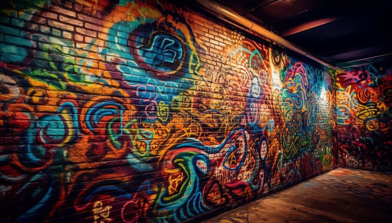 Illuminated graffiti mural decorates dirty underground subway station generated by AI