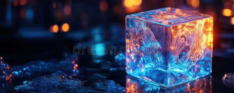 Illuminated ice cube with vibrant colors and reflections in dark setting, copy space for text. AI generated