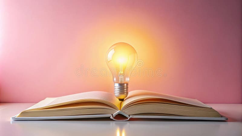 Illuminated ideas glowing lightbulb atop an open book, symbolizing knowledge and inspiration. Generative AI stock illustration