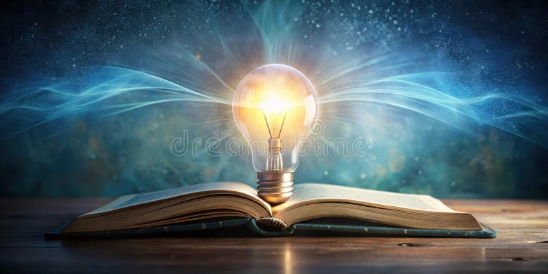 Illuminated ideas a glowing lightbulb emerges from an open book, symbolizing knowledge and inspiration. Generative AI royalty free illustration