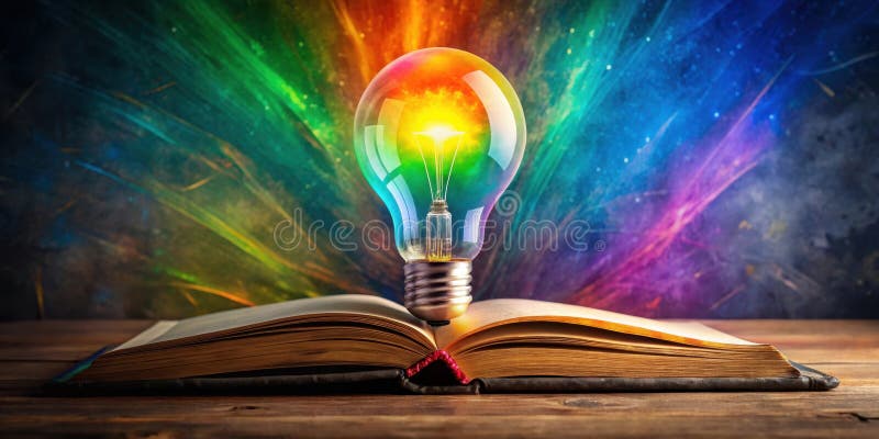 Illuminated ideas a glowing lightbulb resting on an open book against a vibrant, colorful background. Generative AI royalty free illustration