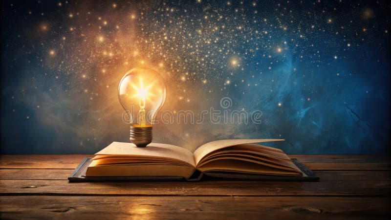 Illuminated ideas a glowing lightbulb rests atop an open book against a starry night sky. Generative AI vector illustration