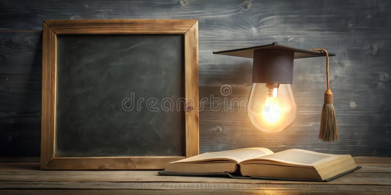 Illuminated ideas a graduation cap lightbulb, open book, and chalkboard on wooden surface. Generative AI vector illustration