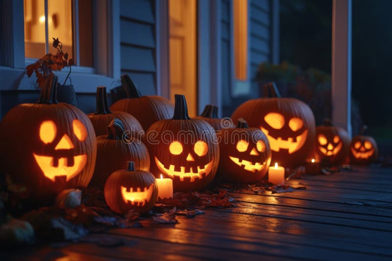 Illuminated Jack O Lanterns On A Porch With Fall Leaves Stock Illuminated Jack O Lanterns On A Porch With Fall Leaves Stock