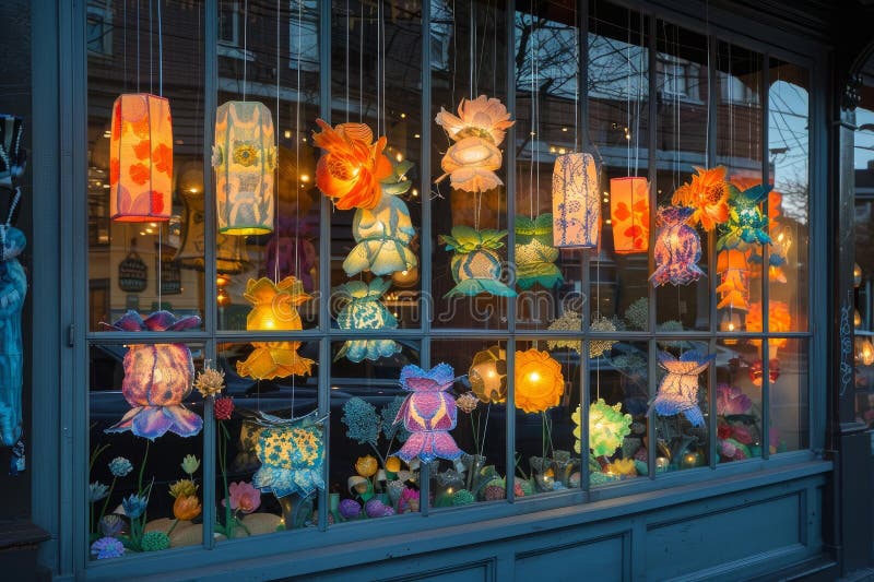 Illuminated lampshades in boutique window display stock illustration