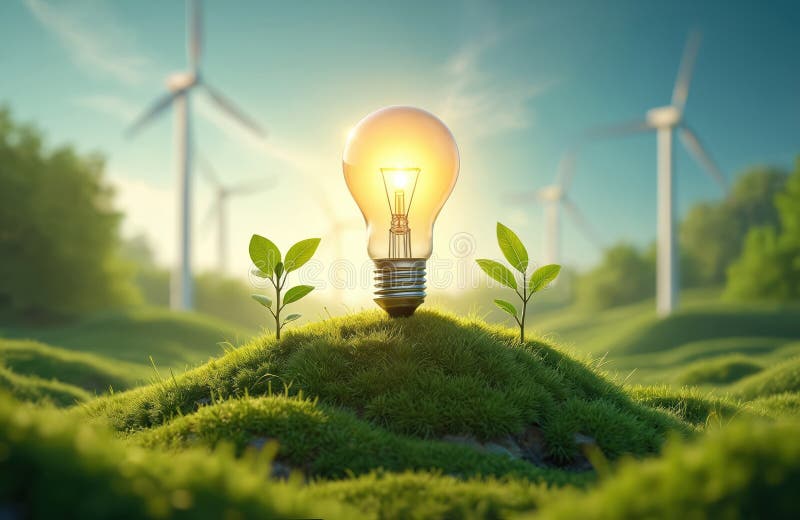 Illuminated light bulb alternative energy with wind turbines, green sprouts. Renewable energy source innovation, sustainable eco royalty free illustration