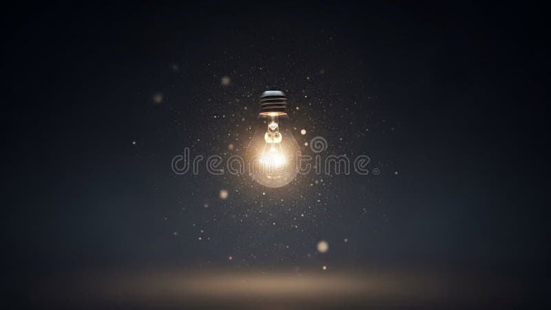 An illuminated light bulb appears in the center of a dark background royalty free illustration