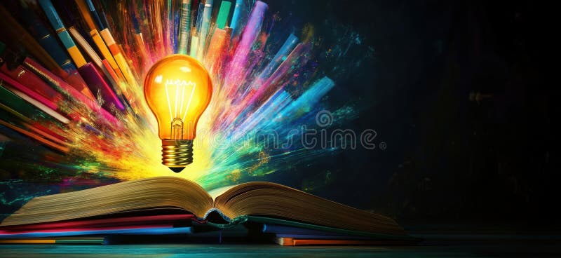 Illuminated Light Bulb Emanating Colorful Energy from Open Book, Symbolizing Knowledge and Creativity, copy space for royalty free stock photography