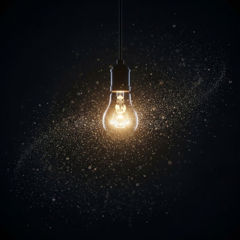Illuminated light bulb hangs against a dark background emitting a warm vector illustration