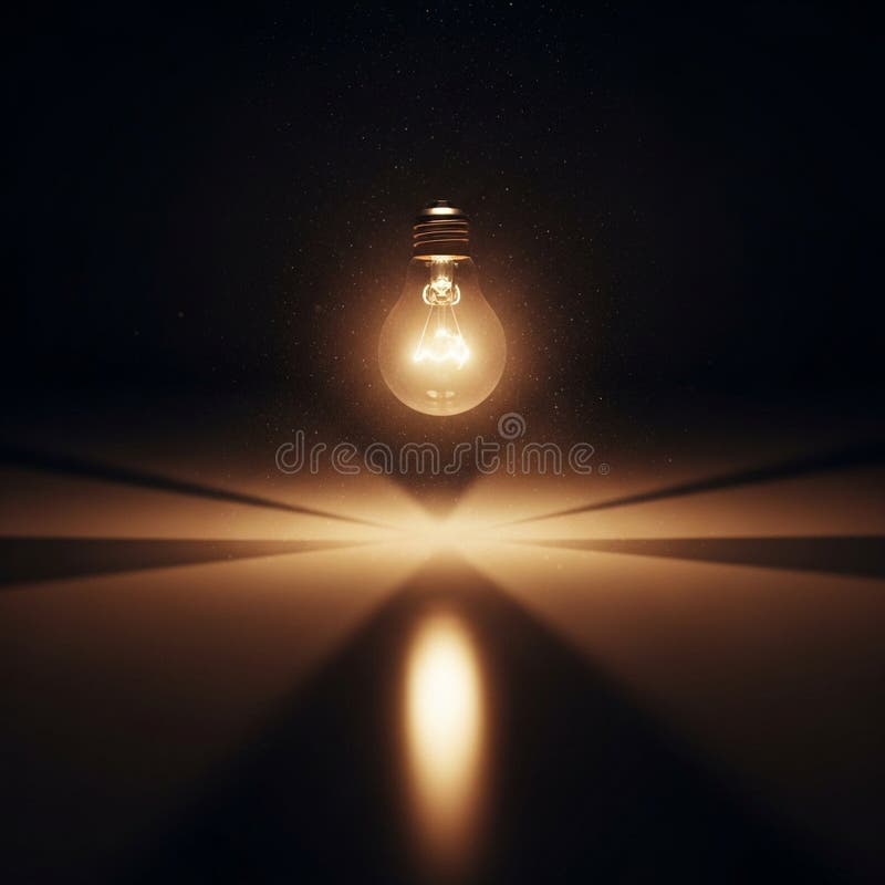 Illuminated light bulb hovers in a dim space casting dramatic shadows on royalty free illustration