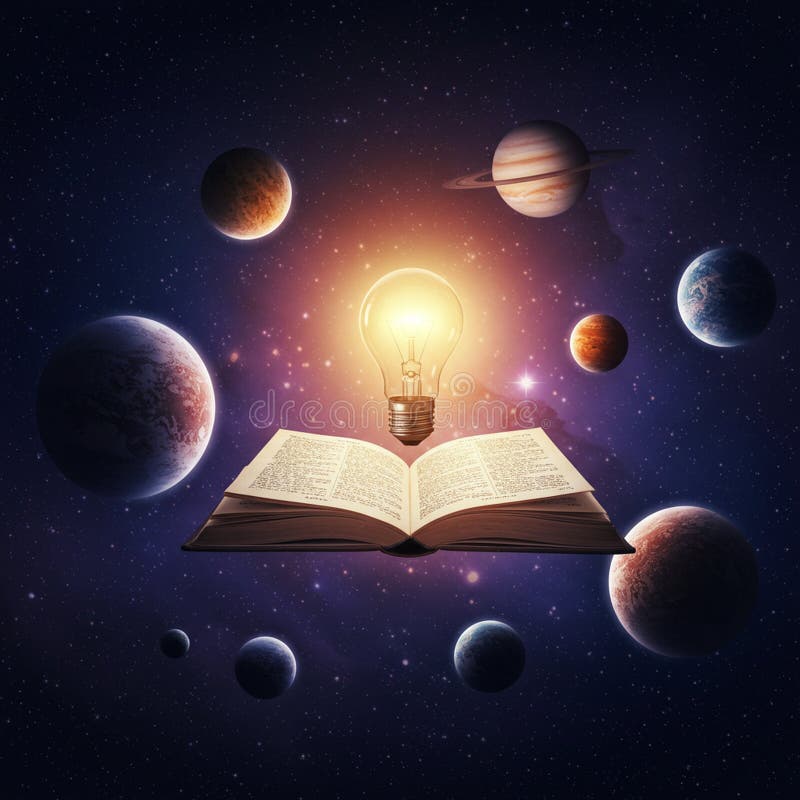 An illuminated light bulb hovers over an open book, symbolizing knowledge and ideas royalty free illustration