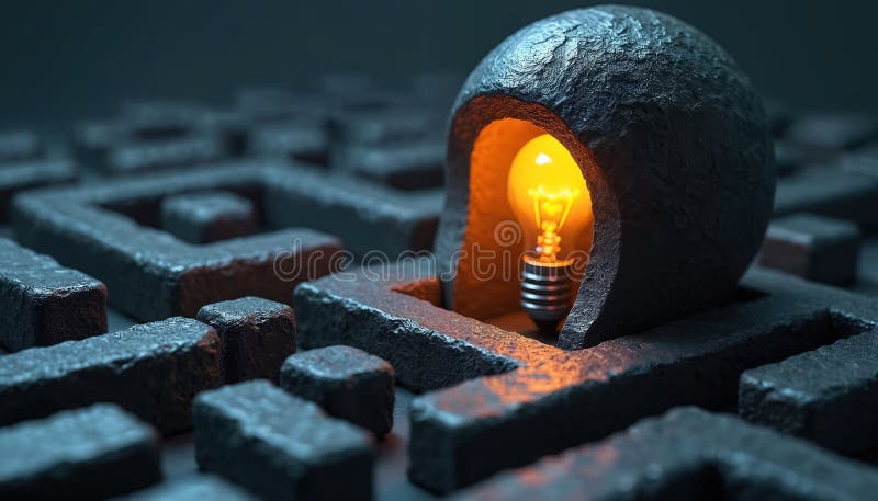 Illuminated light bulb inside stone maze. Symbolizes finding solution through complex challenge or new idea emerging from vector illustration