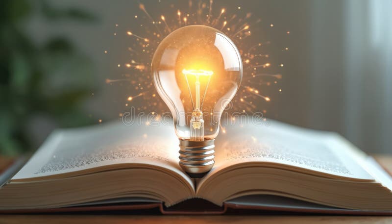 Illuminated light bulb on open book. Light emanates. Creative ideas, knowledge, inspiration, learning. Concept for education vector illustration