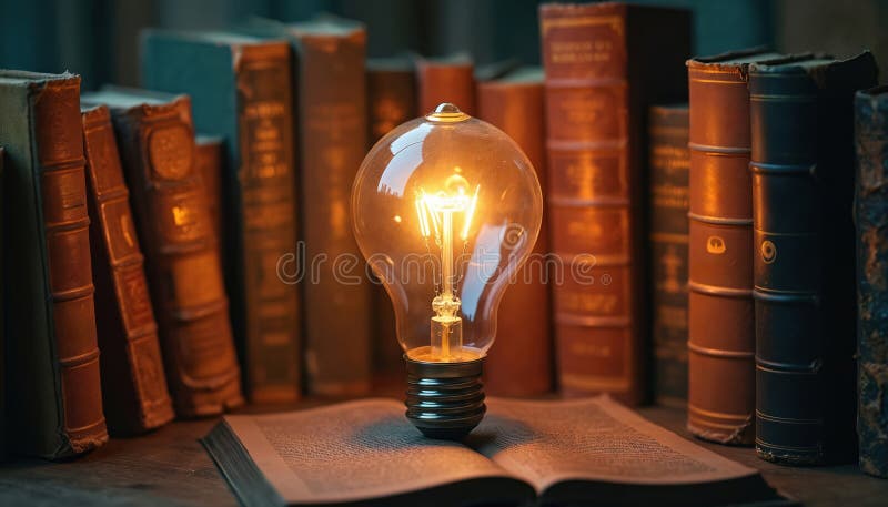 Illuminated light bulb on open vintage book. Old library books line dark shelf. Knowledge, education, learning, intelligence royalty free illustration