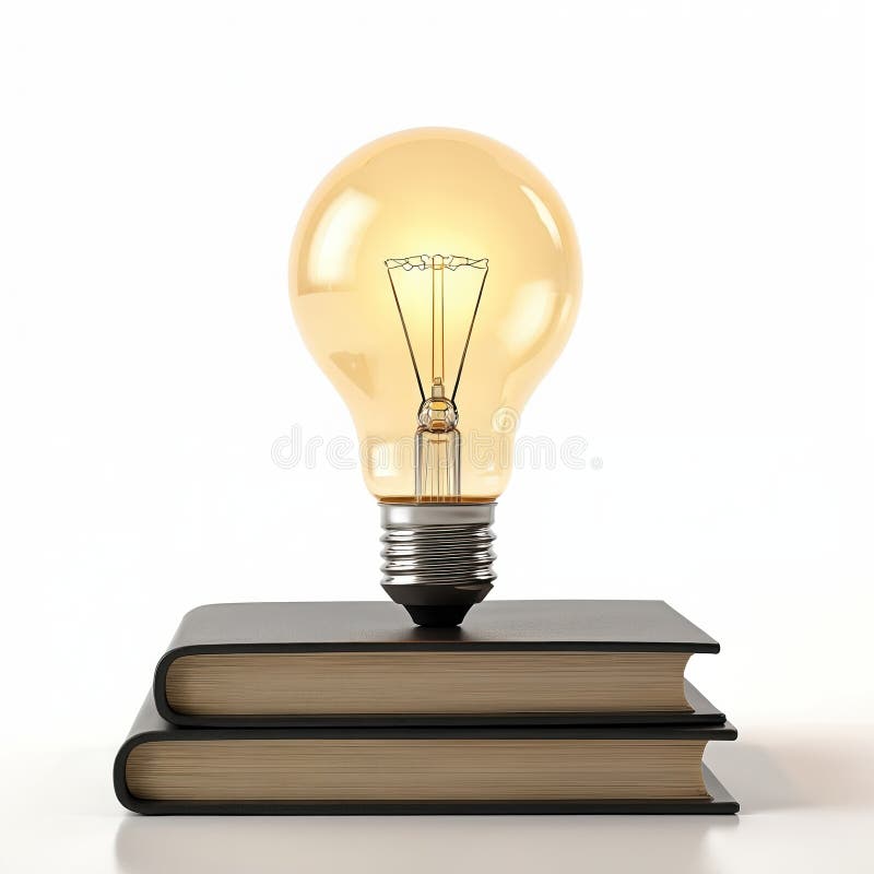 Illuminated light bulb stands on top of two books. Symbol of innovation idea education knowledge learning. Modern tech concept vector illustration