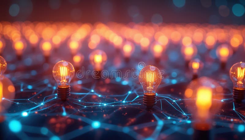 Illuminated light bulbs connected by network of glowing lines. Concept for idea, innovation, bright future, electricity, energy royalty free illustration