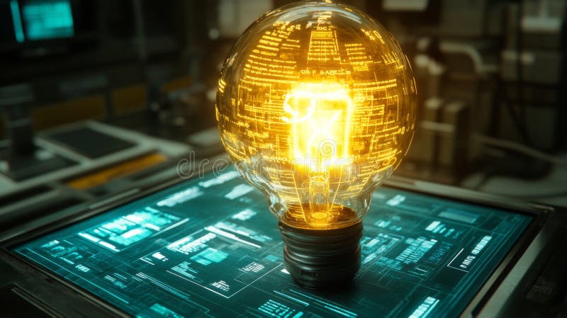 Illuminated Lightbulb with Digital Code Inside on a Tech Interface vector illustration