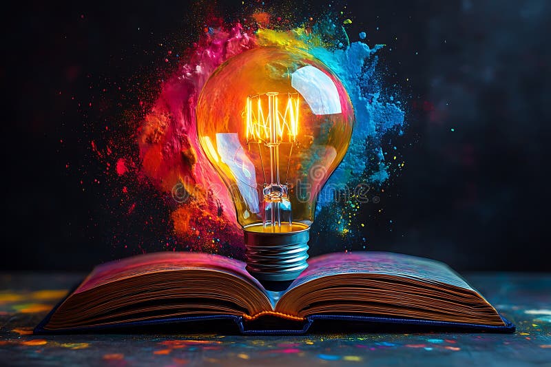 Illuminated lightbulb emerging from a colorful explosion above an open book concept vector illustration