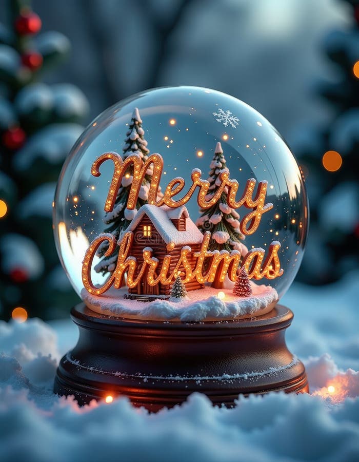 Illuminated Merry Christmas Snow Globe. stock illustration