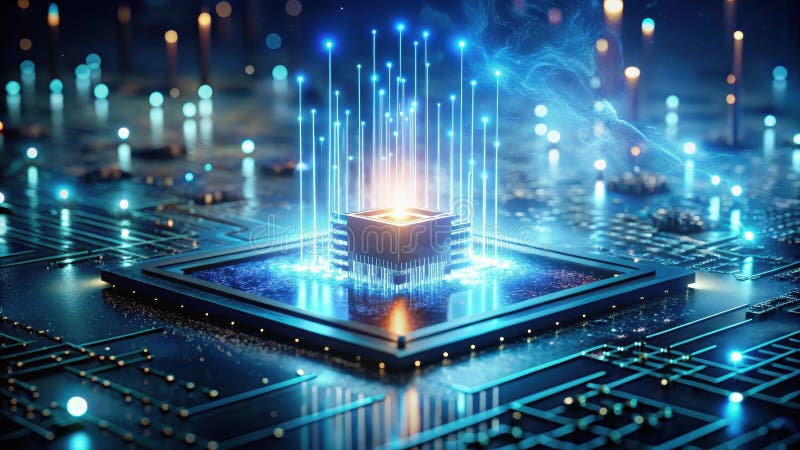 Illuminated microchip a futuristic vision of advanced computing power and data transfer. Generative AI royalty free illustration