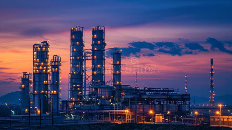 Complex industrial modern iluminat pe timp de noapte cu design arhitectural generativ vector illustration
