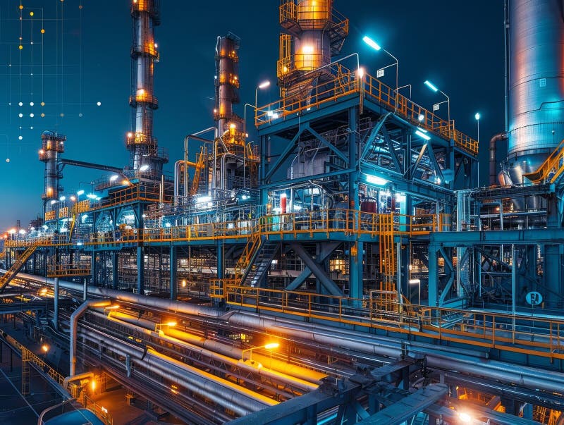 Complex industrial modern iluminat în arhitectura futuristă pe timp de noapte și lumini strălucitoare în aer liber royalty free illustration