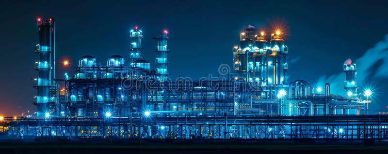 Complex industrial modern iluminat pe timp de noapte, peisaj mondial futurist, cu fundal întunecat, generativ royalty free illustration