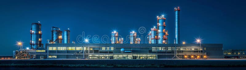 Complex industrial modern iluminat sub cerul liber, cu aer generativ stock illustration