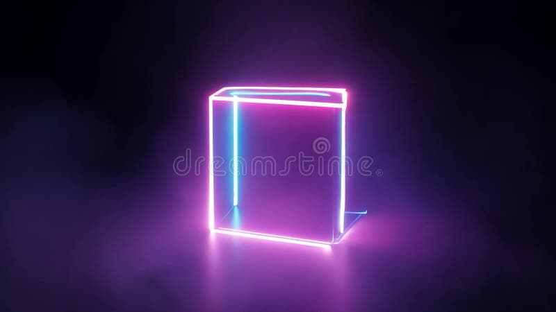 Illuminated neon cube rotating amidst swirling smoke in a dark, atmospheric setting vector illustration