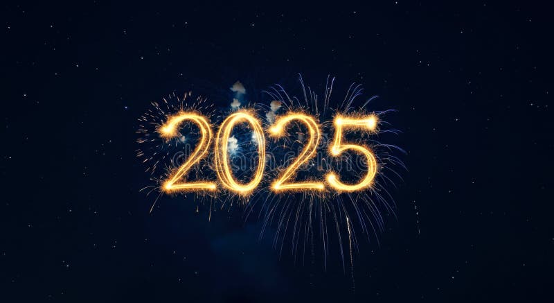 Illuminated 2025 New Year Celebration with Sparkling Fireworks in Night Sky vector illustration